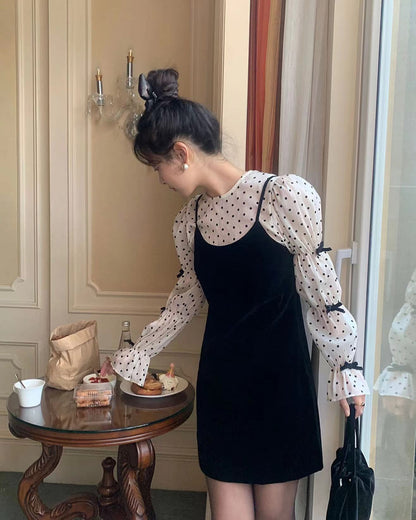 Bow Tie Polka Dot Top + Suspender Skirt Set