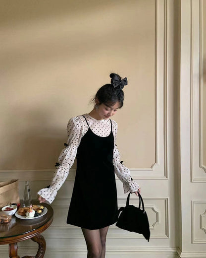Bow Tie Polka Dot Top + Suspender Skirt Set