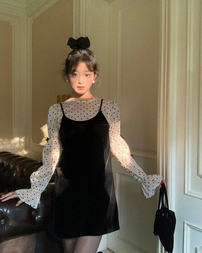 Bow Tie Polka Dot Top + Suspender Skirt Set