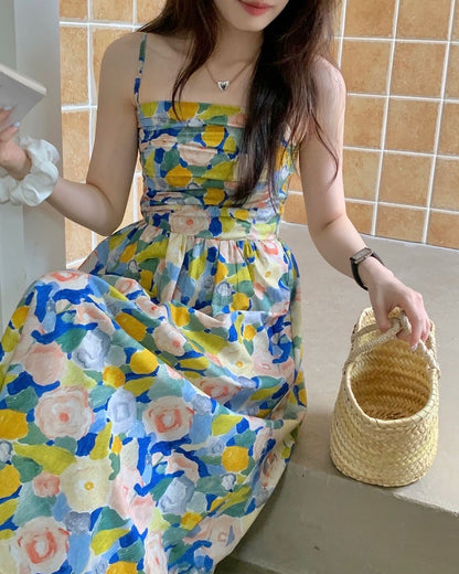 油畫印花吊帶連身裙