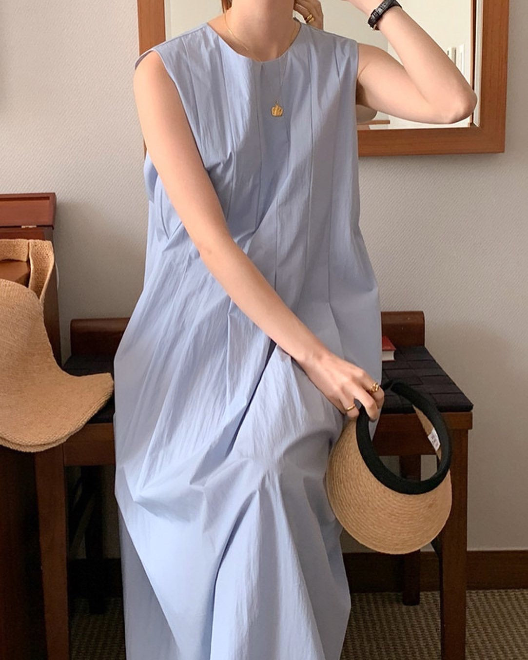 壓褶背心連身裙