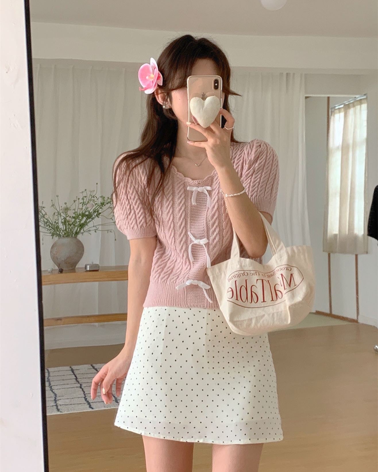 Twist-Knot Top with Bow + Polka Dot Skirt