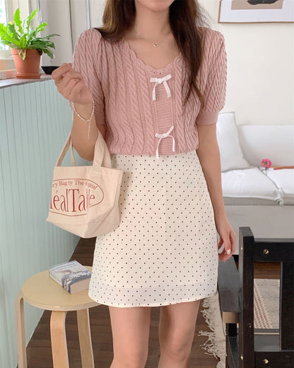 Twist-Knot Top with Bow + Polka Dot Skirt