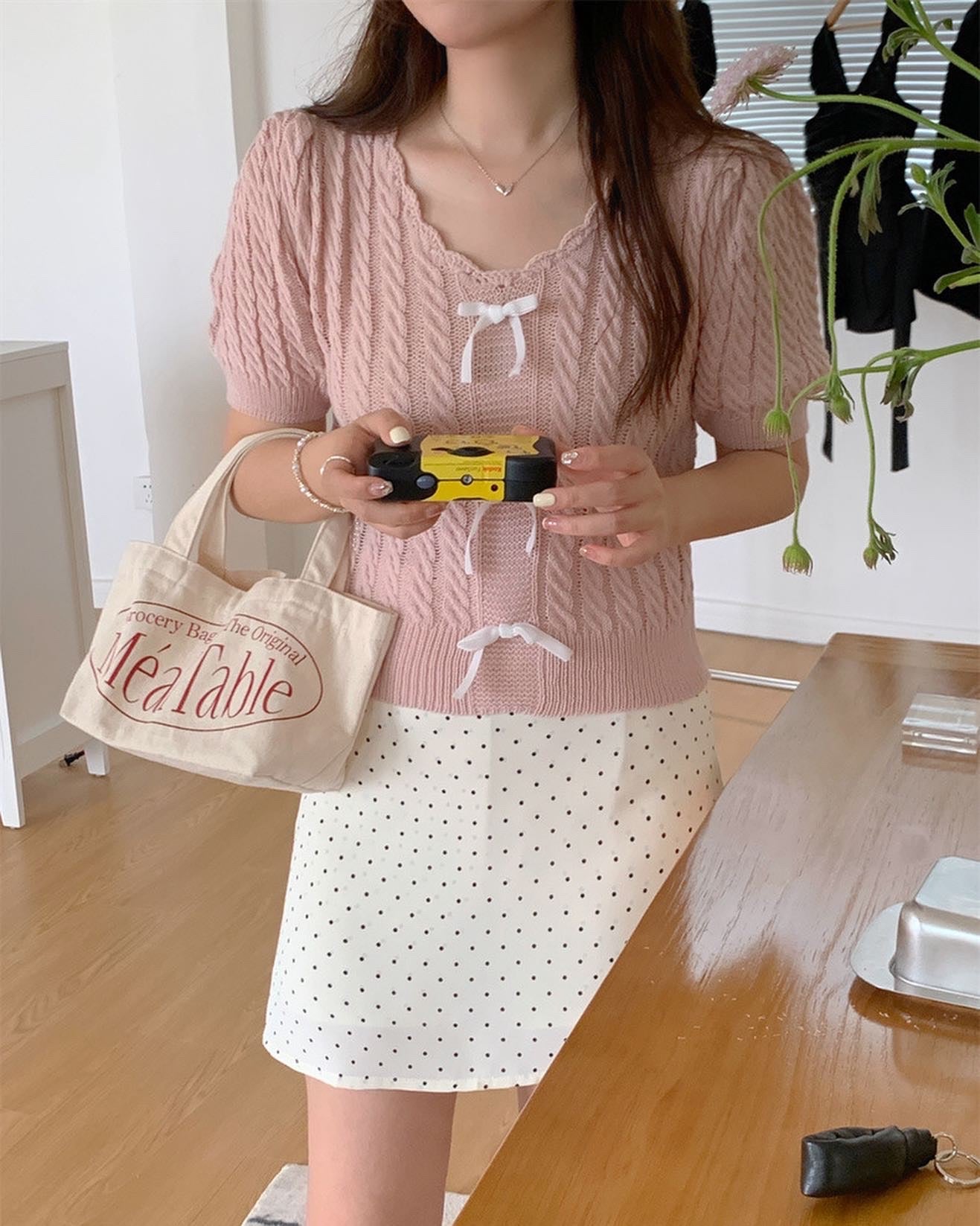 Twist-Knot Top with Bow + Polka Dot Skirt