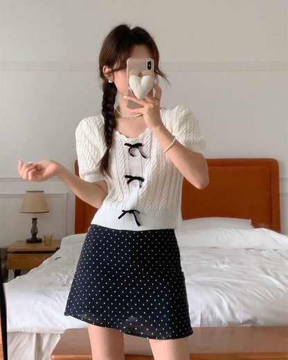 Twist-Knot Top with Bow + Polka Dot Skirt