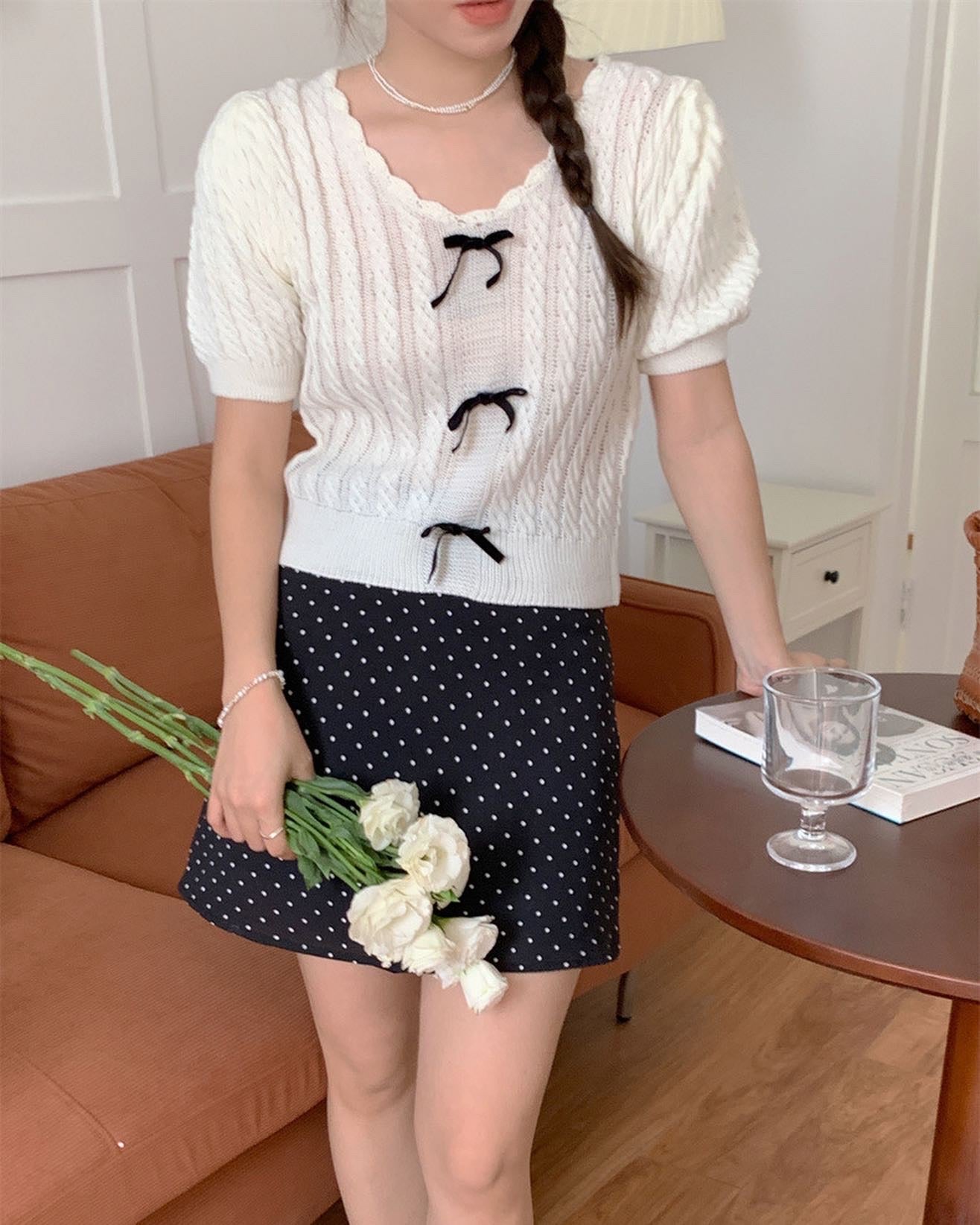 Twist-Knot Top with Bow + Polka Dot Skirt