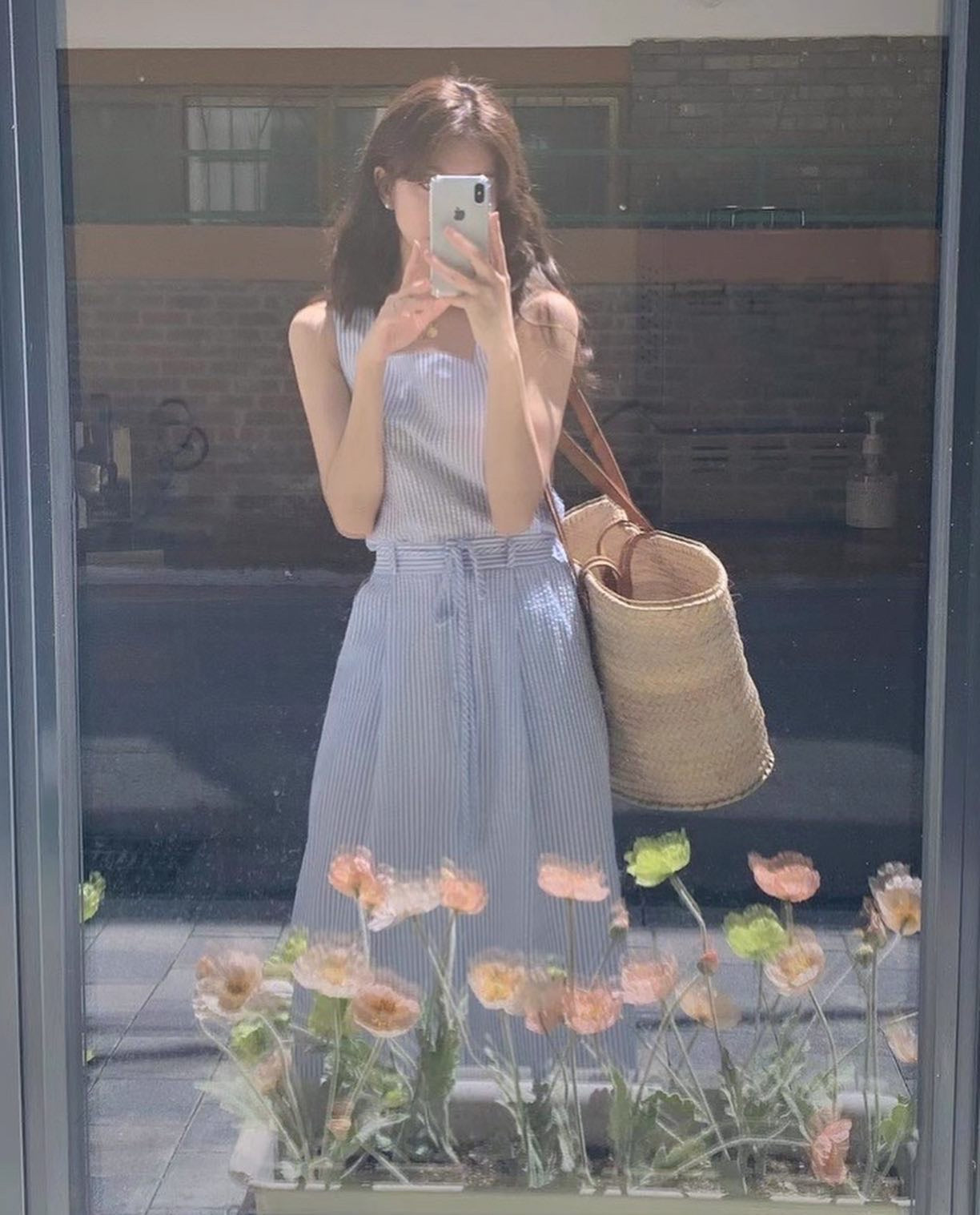 方領條紋背心+半身裙套裝