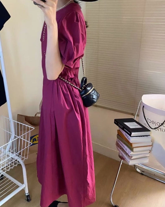 圓領皺摺收腰連身裙