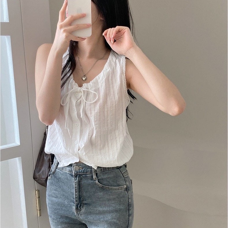 蕾絲花邊抽繩背心