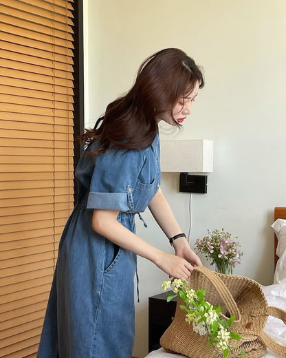 卷邊短袖牛仔連身裙