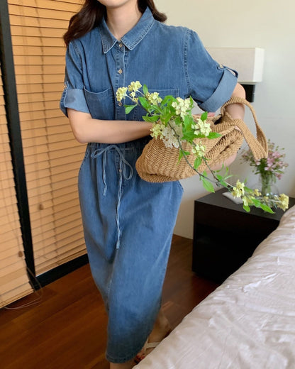 卷邊短袖牛仔連身裙