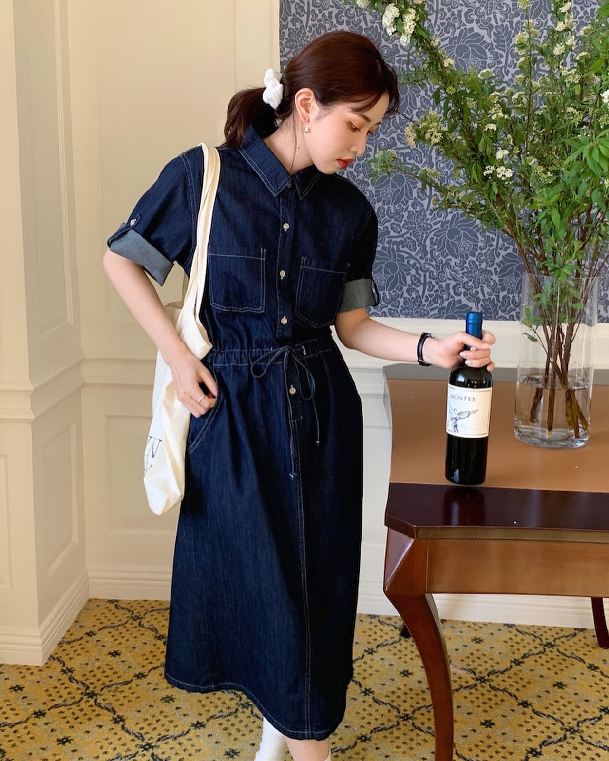 卷邊短袖牛仔連身裙