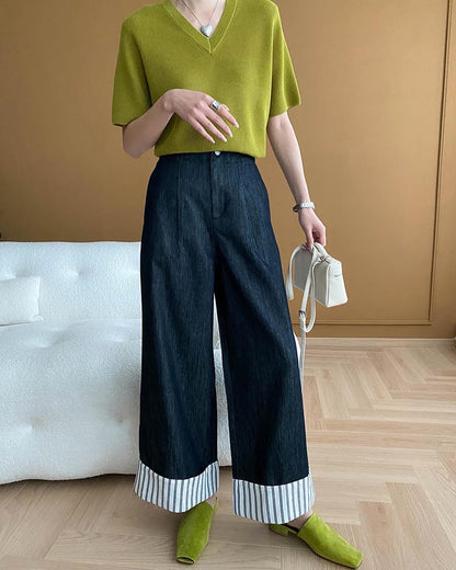 ストライプのパッチワークワイドレッグデニムパンツ