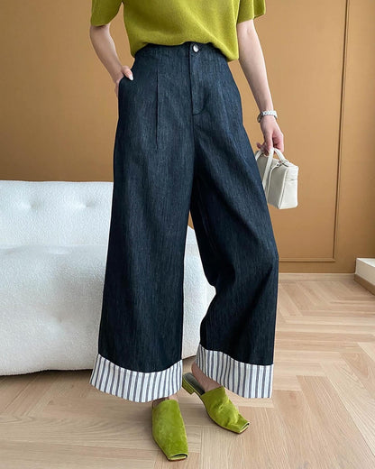 ストライプのパッチワークワイドレッグデニムパンツ
