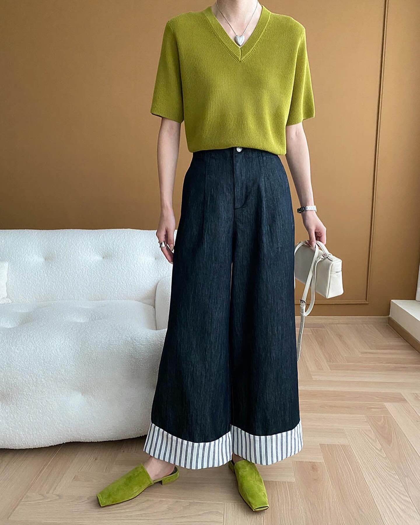 ストライプのパッチワークワイドレッグデニムパンツ