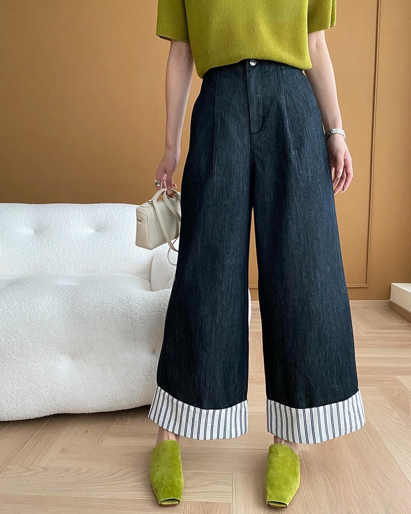 ストライプのパッチワークワイドレッグデニムパンツ