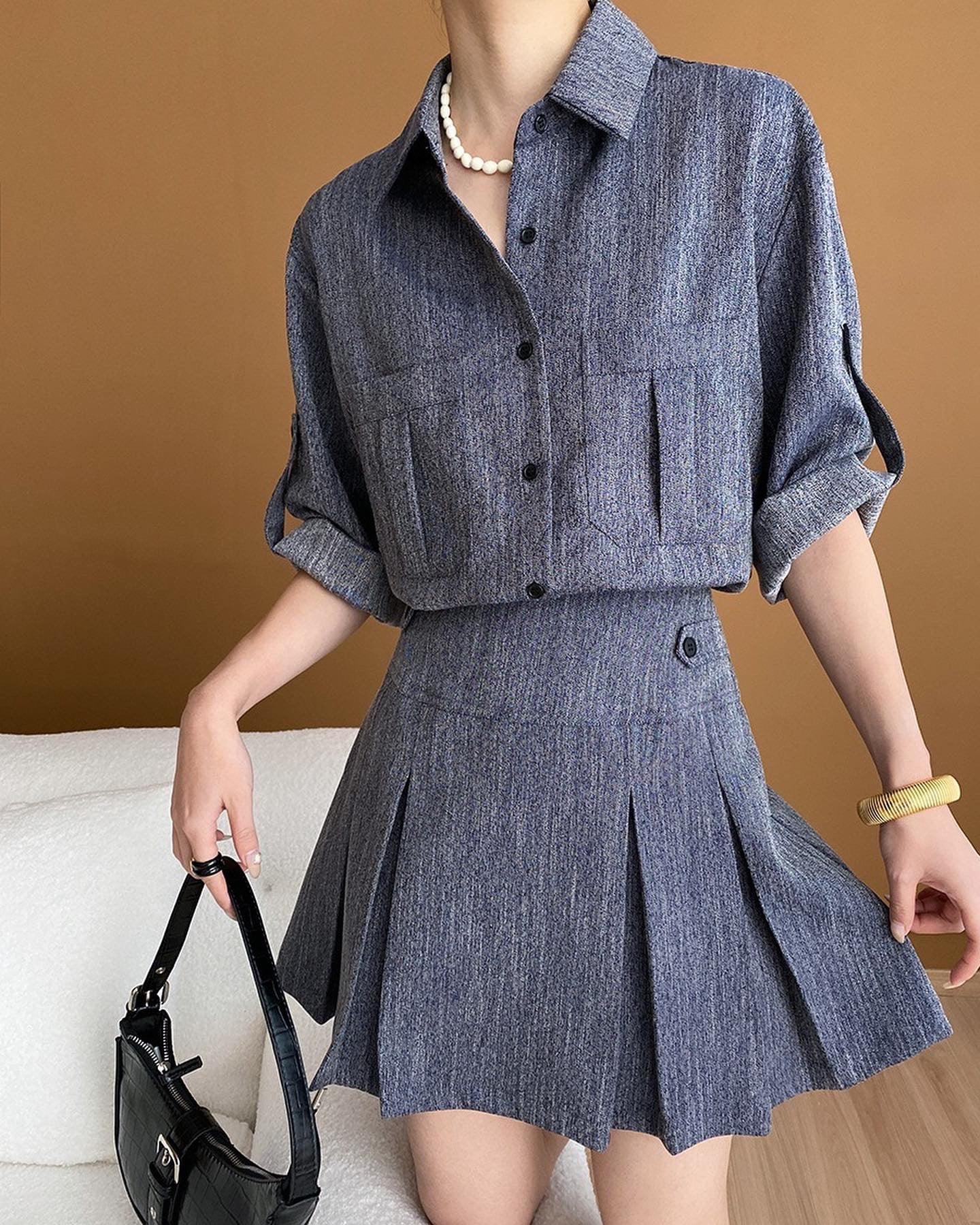 Vintage Denim Shirt + Pleated Skirt Set