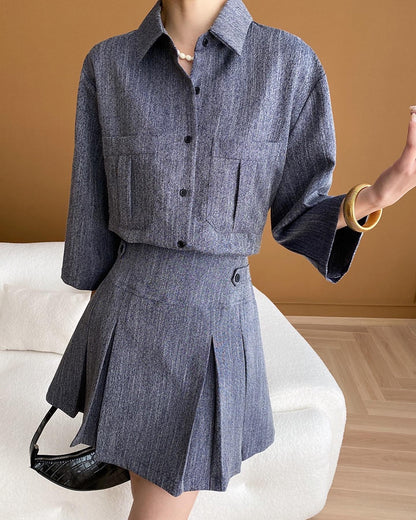 Vintage Denim Shirt + Pleated Skirt Set