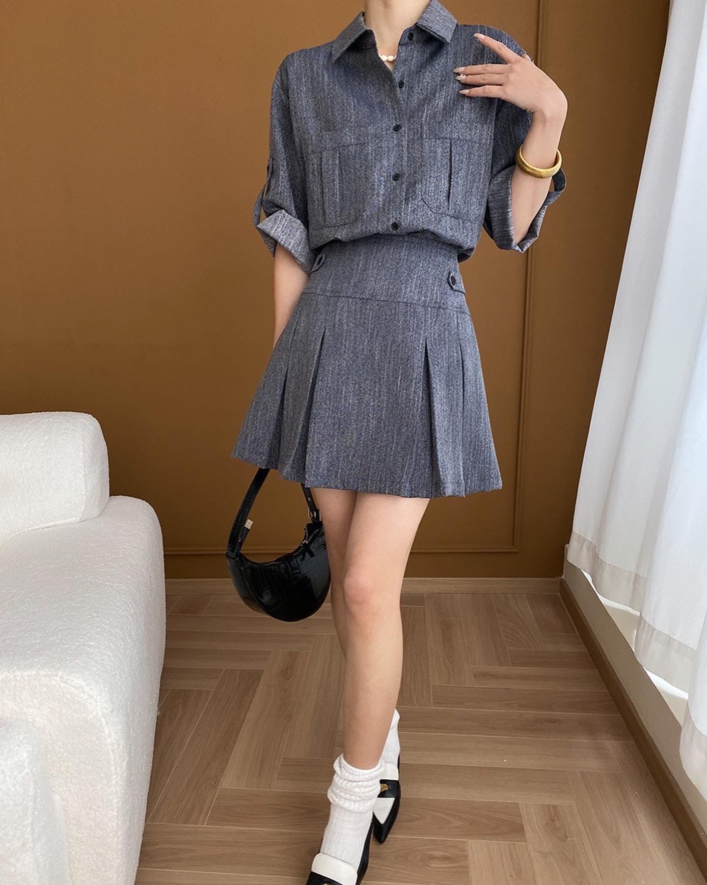 Vintage Denim Shirt + Pleated Skirt Set