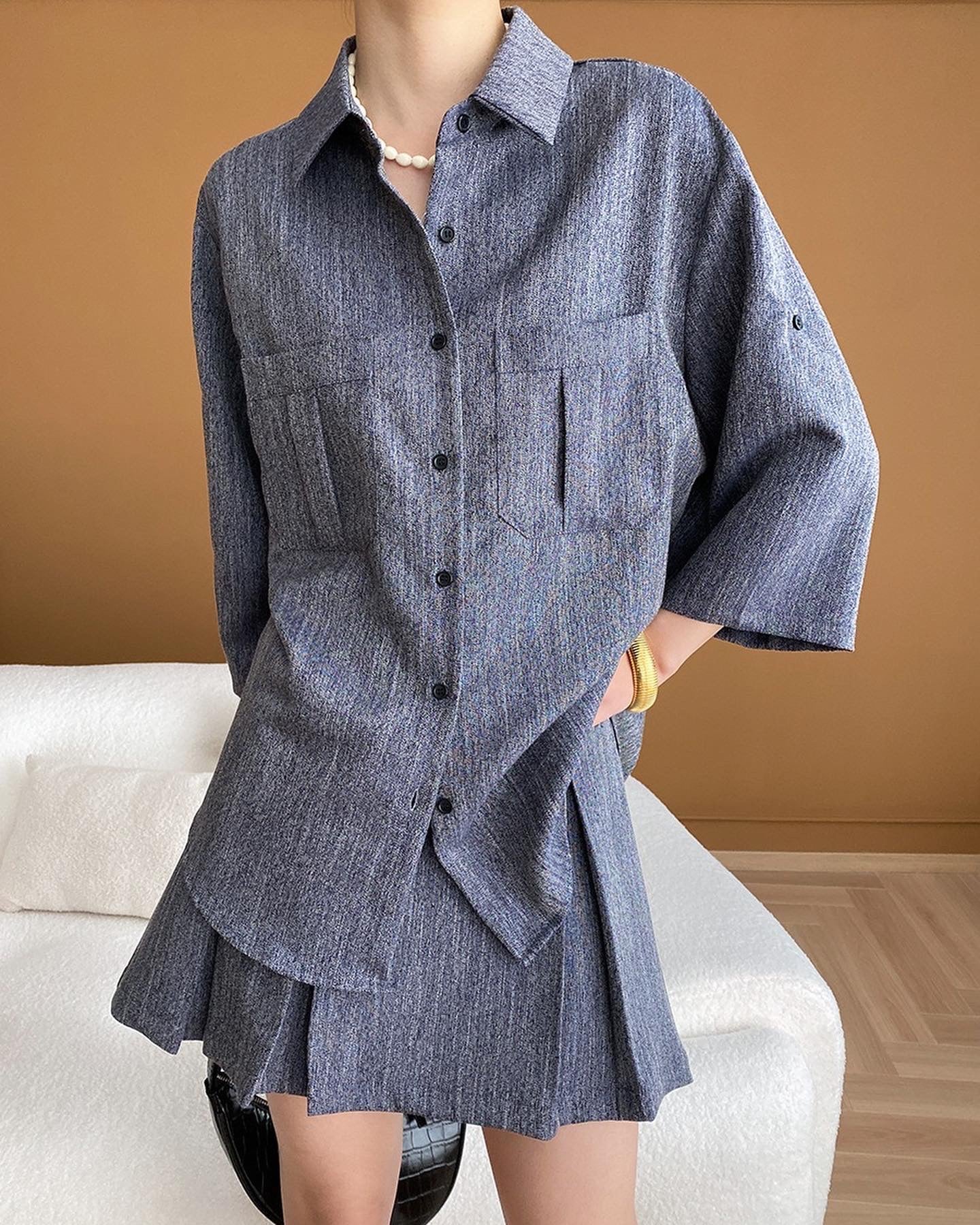 Vintage Denim Shirt + Pleated Skirt Set