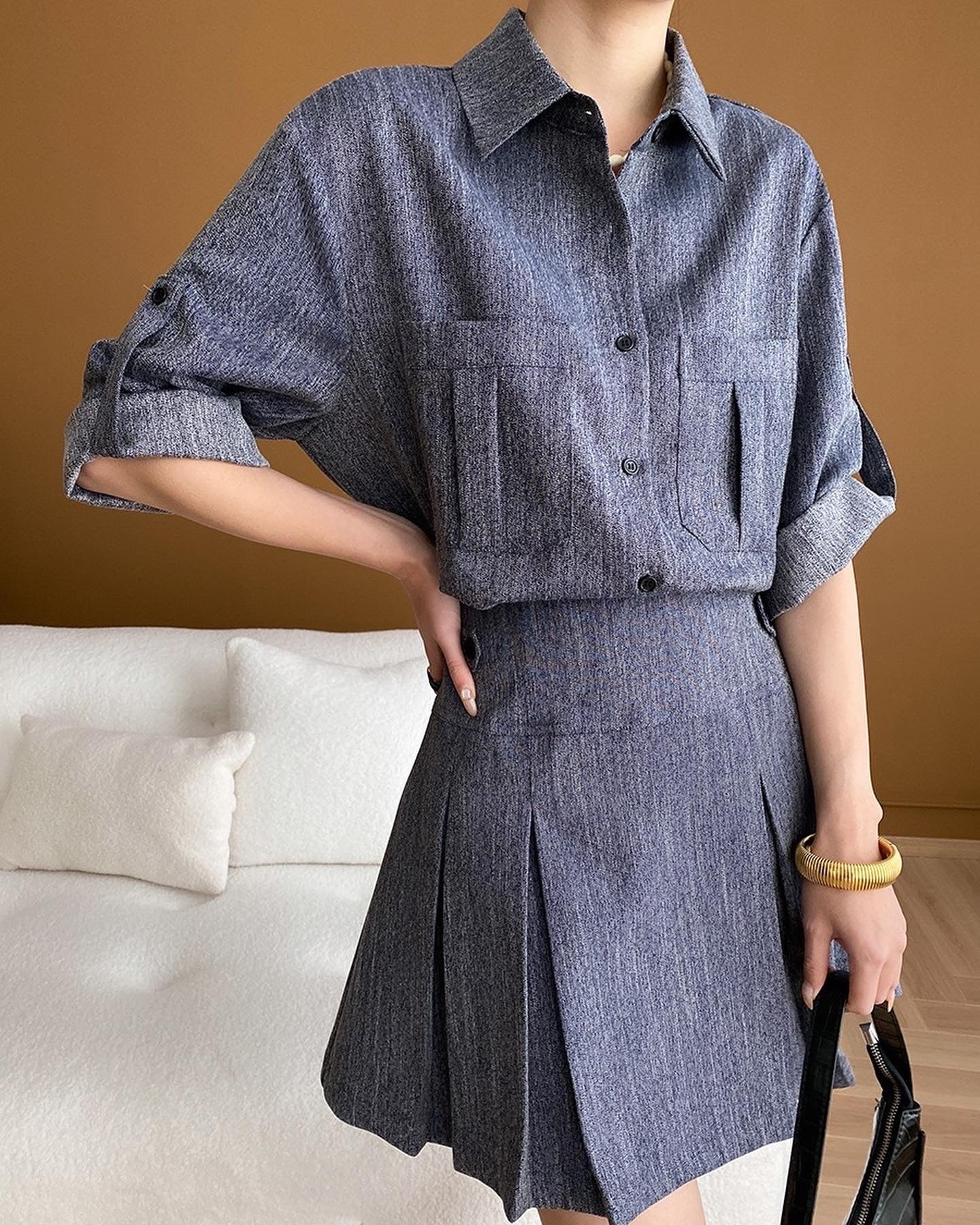 Vintage Denim Shirt + Pleated Skirt Set