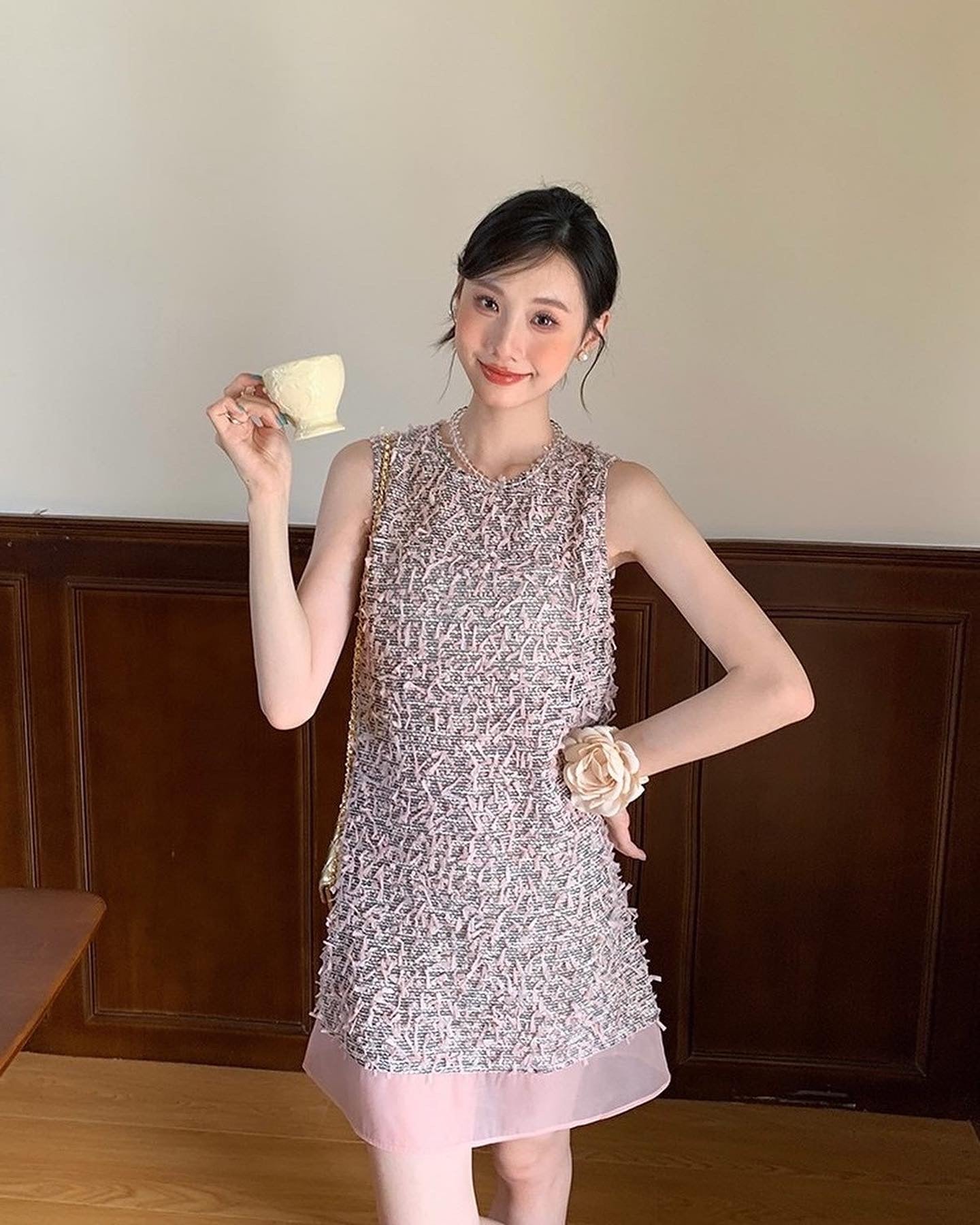 Round Neck Tweed Vest Dress