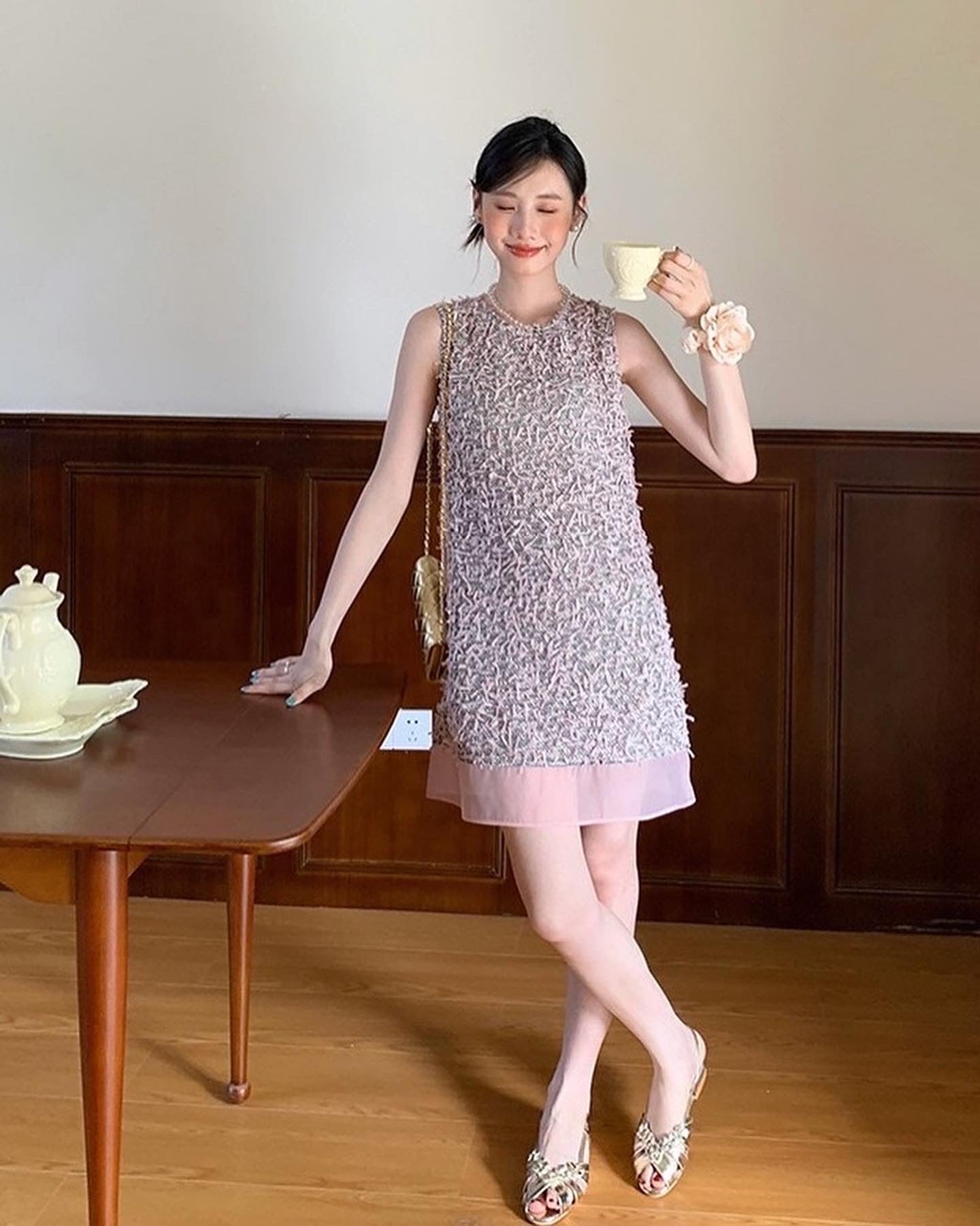 Round Neck Tweed Vest Dress