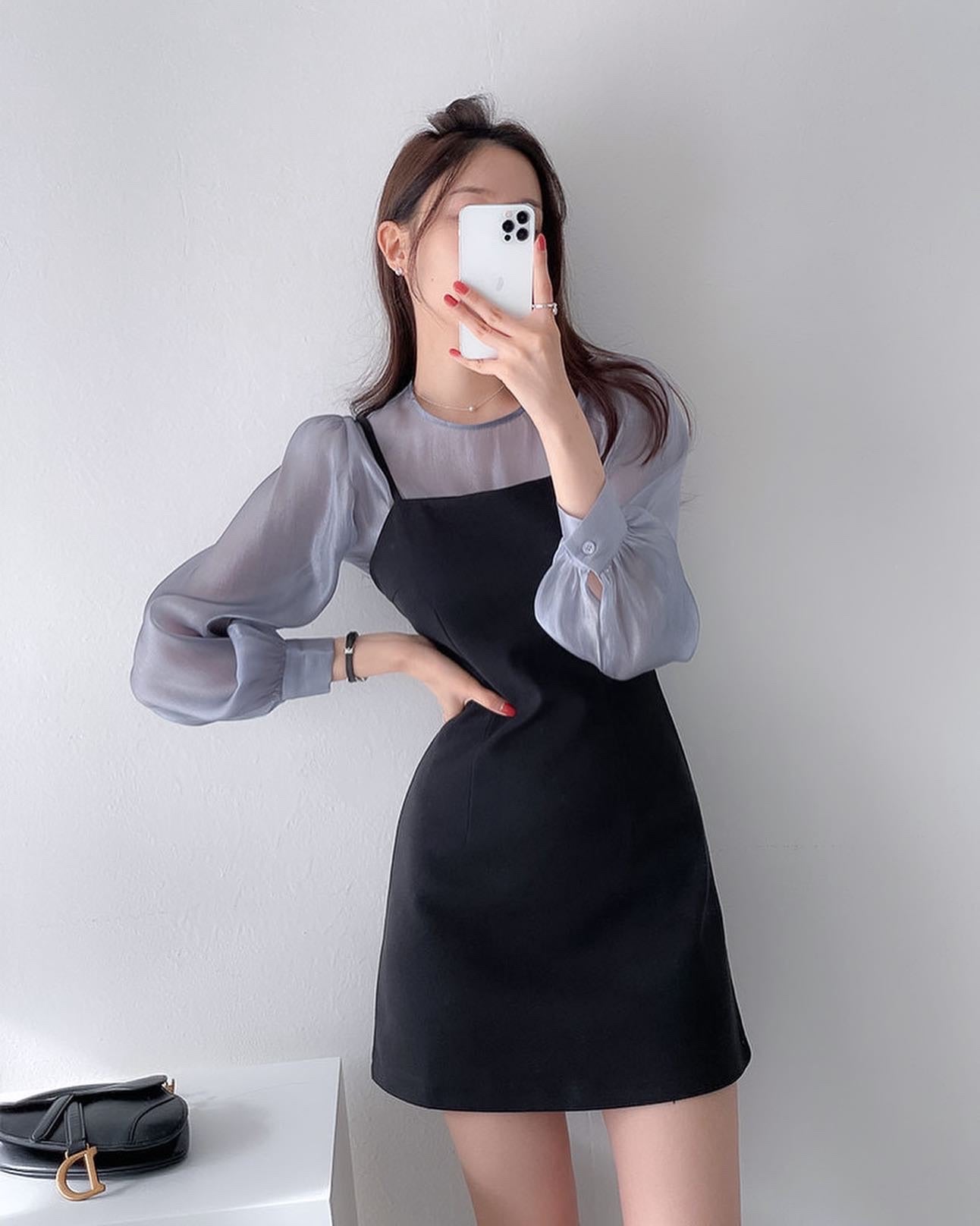 Chiffon Blouse + Suspender Short Skirt Set