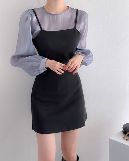 Chiffon Blouse + Suspender Short Skirt Set