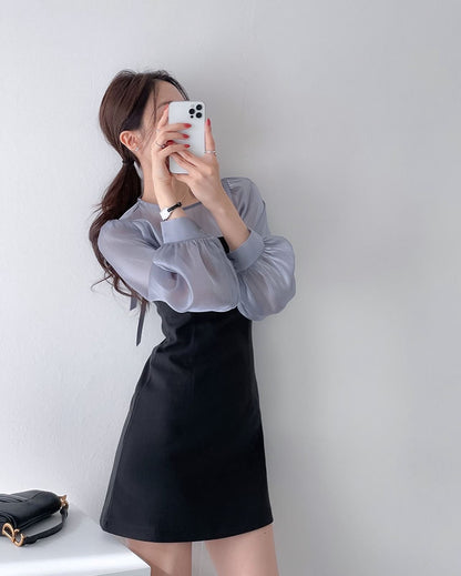 Chiffon Blouse + Suspender Short Skirt Set