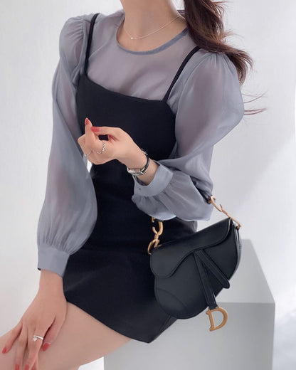 Chiffon Blouse + Suspender Short Skirt Set