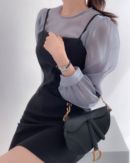 Chiffon Blouse + Suspender Short Skirt Set