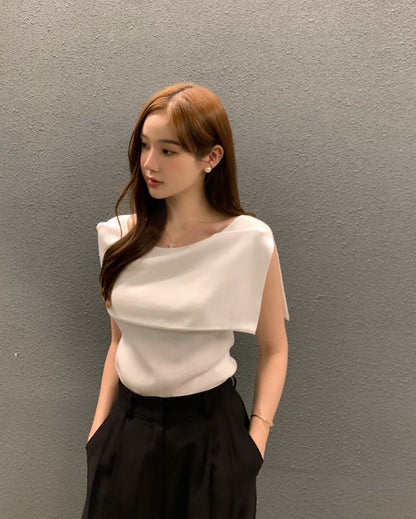 開衩一字肩針織衫