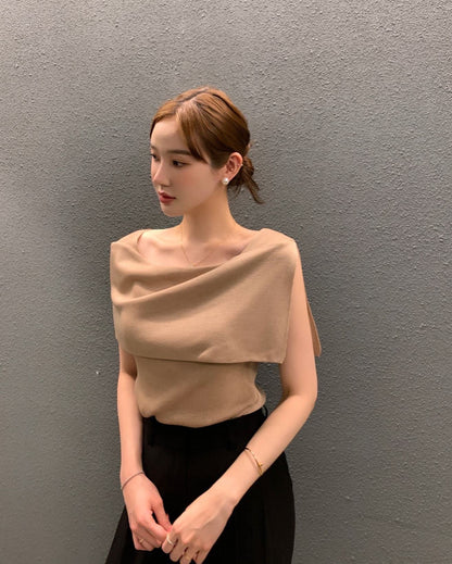 開衩一字肩針織衫