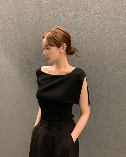 開衩一字肩針織衫