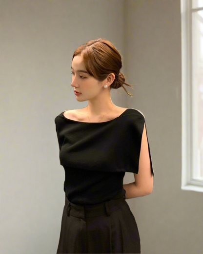 開衩一字肩針織衫