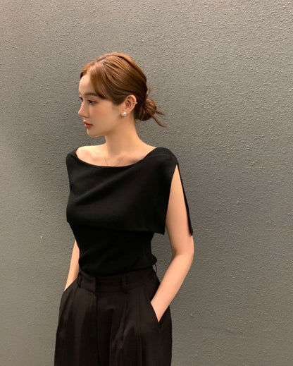 開衩一字肩針織衫