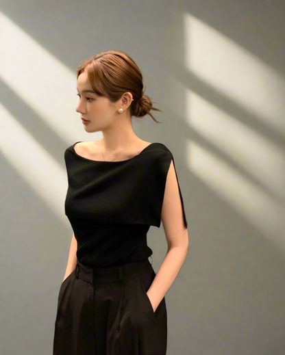 開衩一字肩針織衫