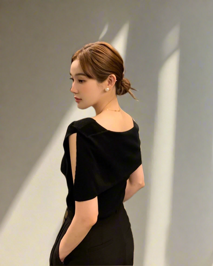 開衩一字肩針織衫