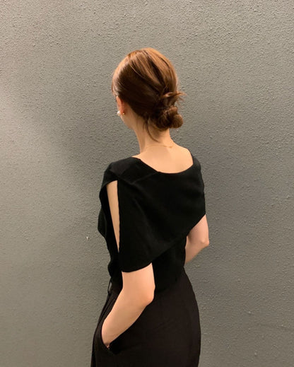 開衩一字肩針織衫