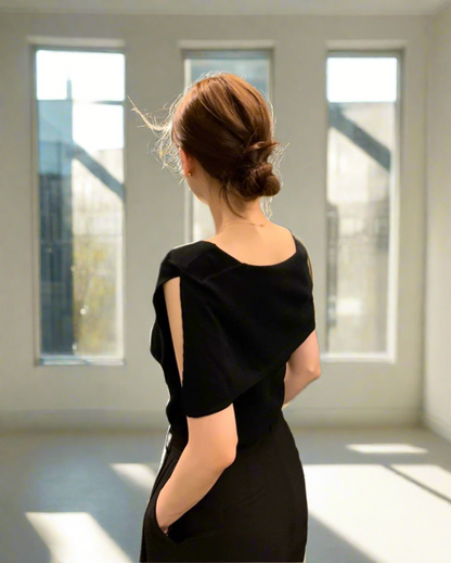 開衩一字肩針織衫