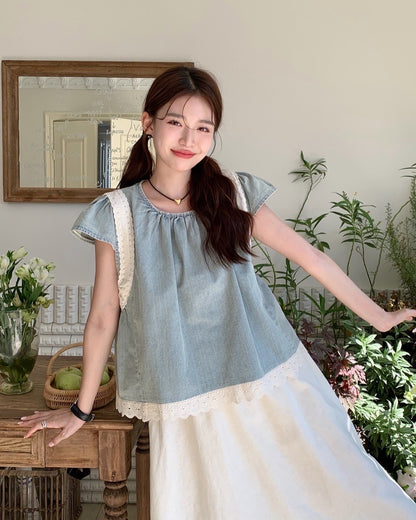 デニムパッチワークレーストップス