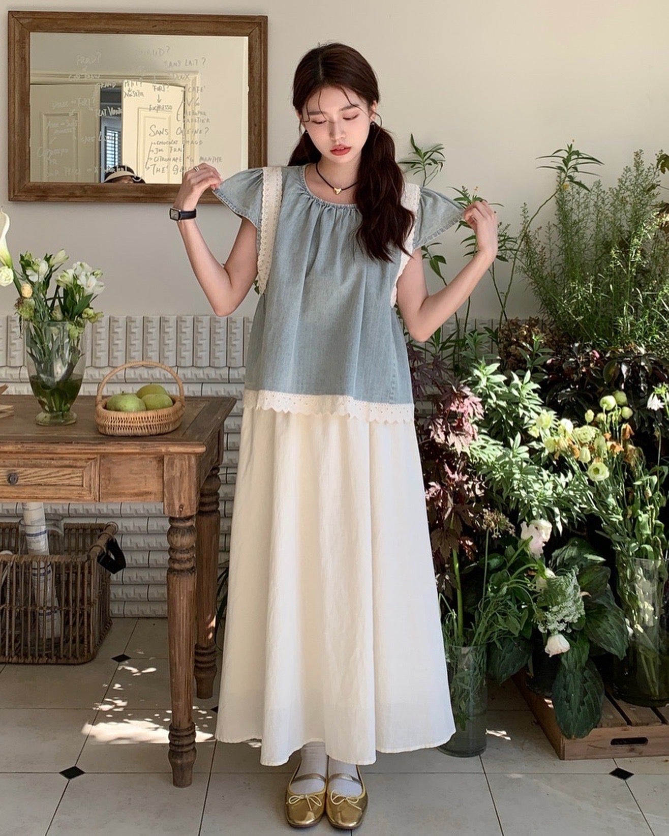 デニムパッチワークレーストップス