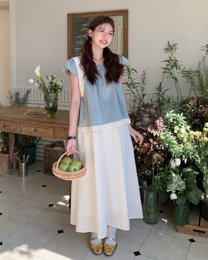 デニムパッチワークレーストップス