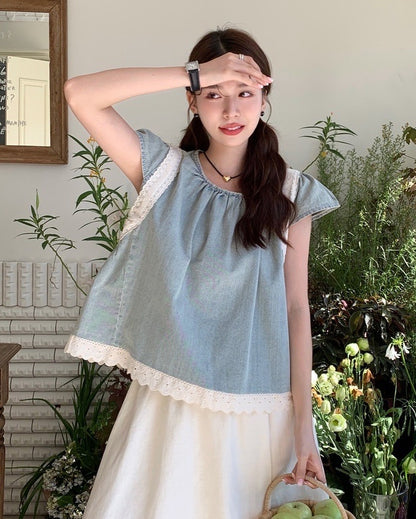 デニムパッチワークレーストップス