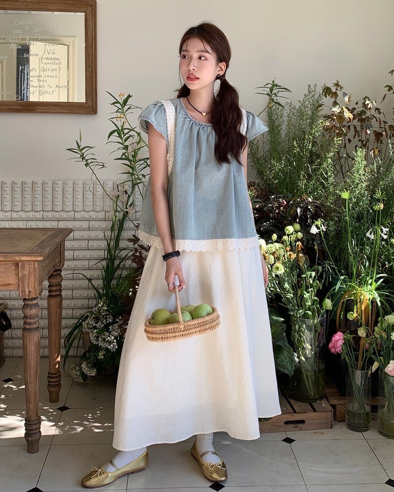 デニムパッチワークレーストップス