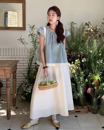 デニムパッチワークレーストップス