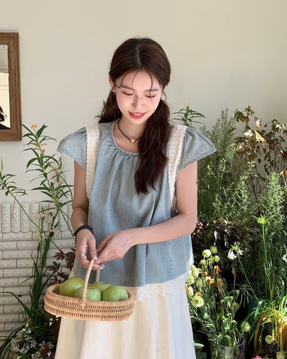 デニムパッチワークレーストップス