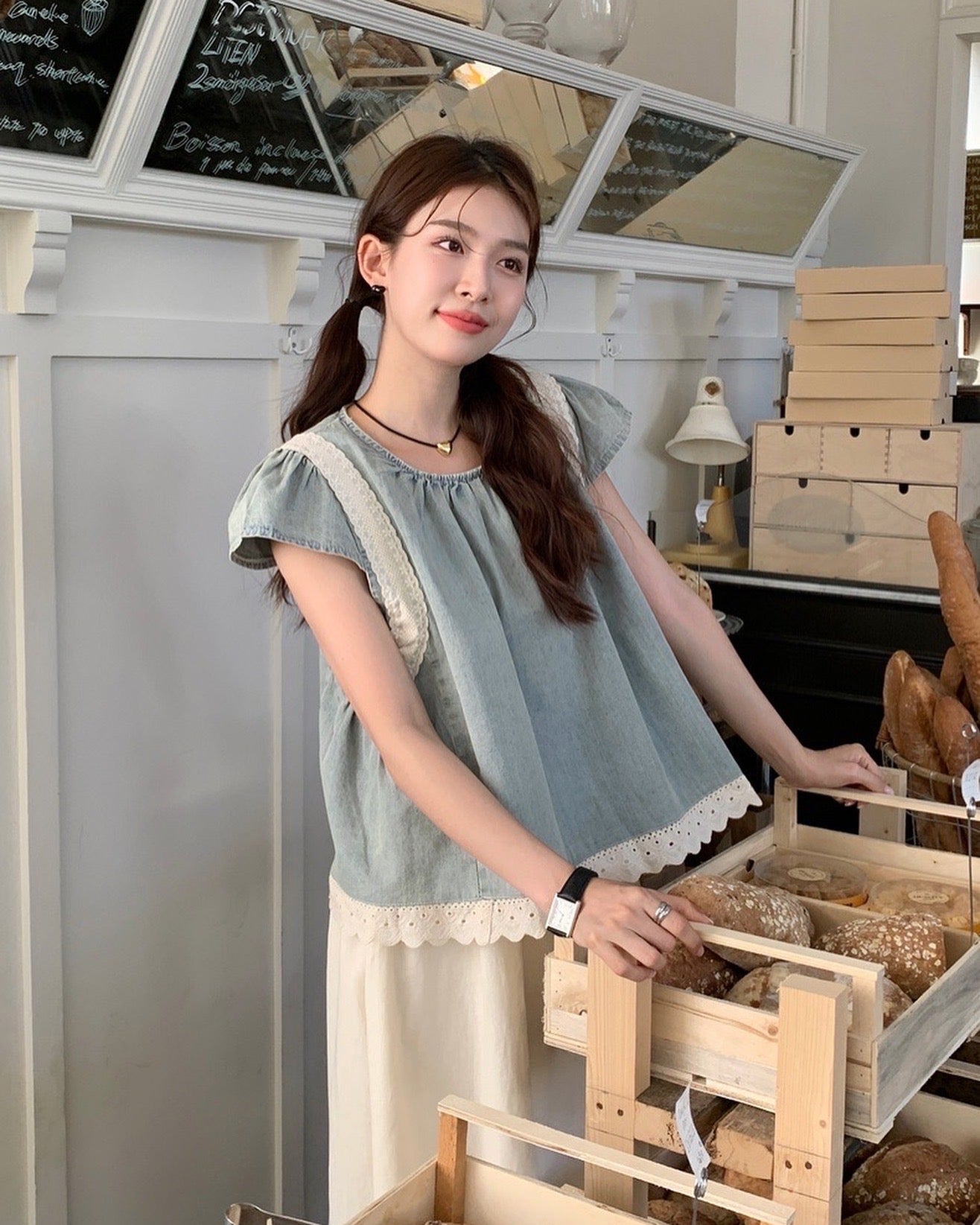 デニムパッチワークレーストップス