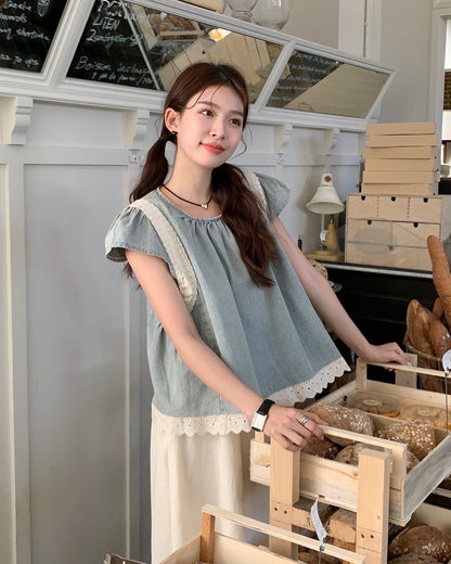 デニムパッチワークレーストップス